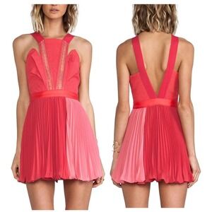 Three Floor Pink Pleated Chiffon Square Neck Casual Cocktail Mini Dress Size XS
